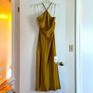 ASOS DESIGN Halter Satin Midi Dress with Side Slit and Lace Up Back in Olive